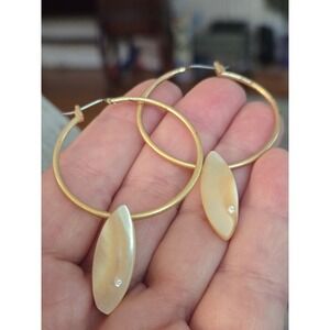 Mother of Pearl Shell Hoops Goldtone Rhinestone Chip Vintage